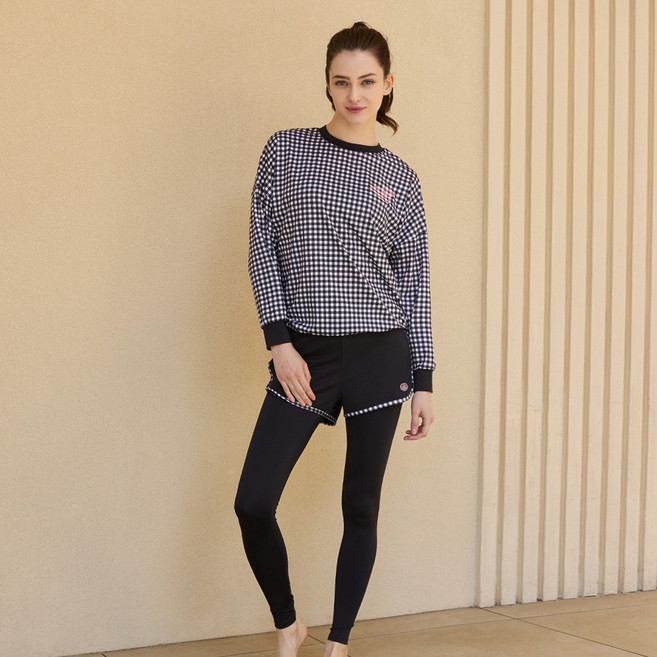 베이직엘르 루즈핏 체크 티셔츠 래쉬가드 반바지 워터레깅스 세트 BEL-X221K