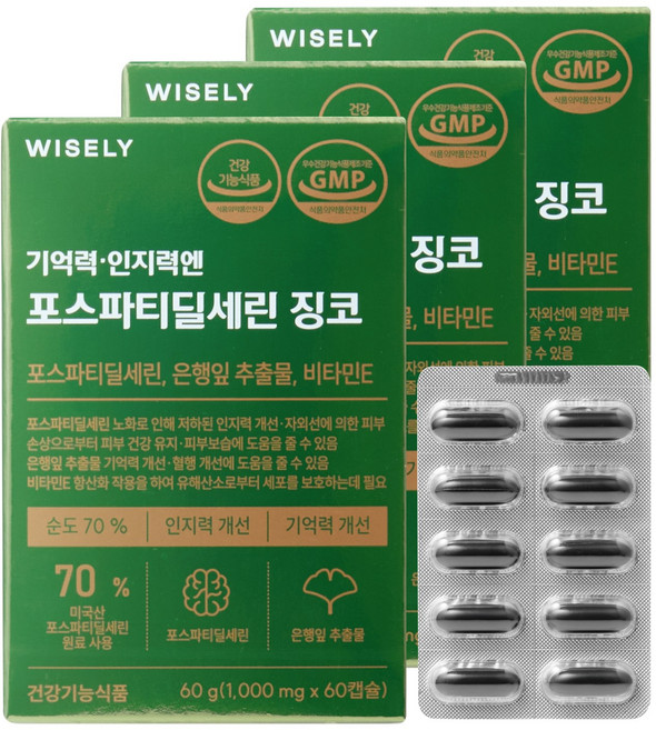 와이즐리 기억력 인지력엔 포스파티딜세린 징코 300, 3개, 60정