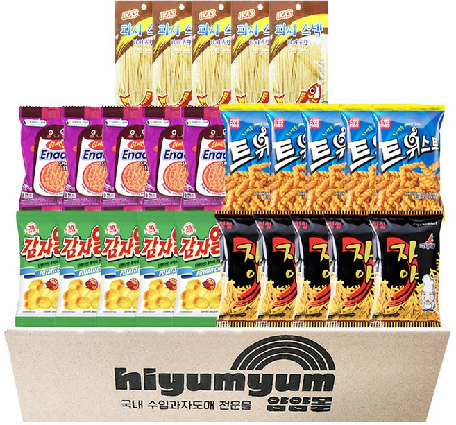 추억의 문방구 과자모음 5종 (감자알칩5+트위스트5+자야5+에낙 바베큐5+피시스낵 바베큐5) 총 25입, 1개