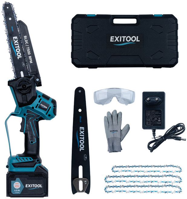엑시툴 무선 전기톱 전동 충전식 미니 소형 충전 체인톱 20cm, 1개, 6-8인치(배터리1개/4AH/풀세트)