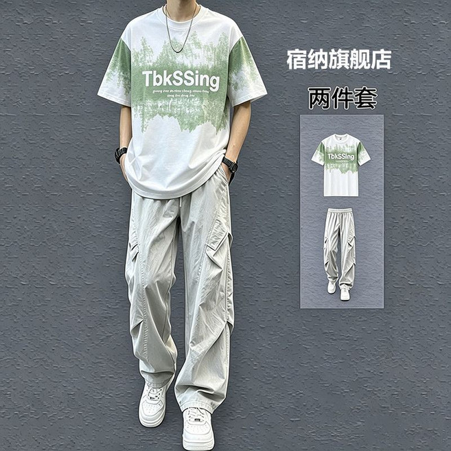 TbkSSing 美式圓領短袖套裝 夏季工裝褲兩件套, 1個, 【套裝】潮牌短袖白+側蓋褲淺灰2XL 【建議140-160斤】