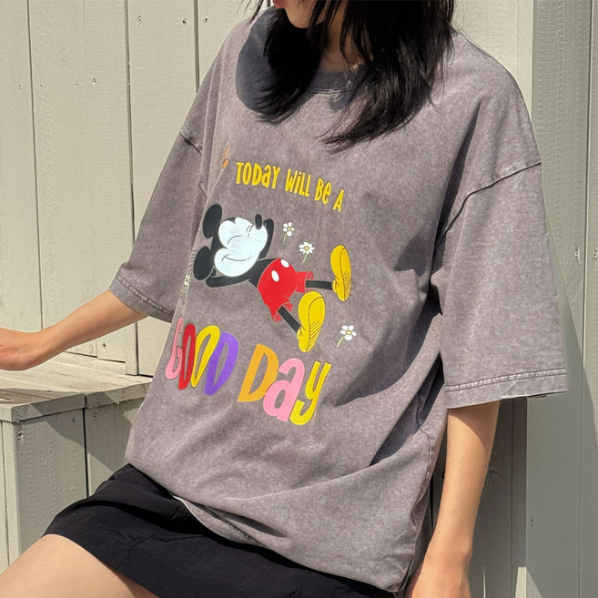 디즈니 정품 미키마우스 빈티지 워싱 반팔티 오버핏 커플룩 여성 루즈핏 여름 티셔츠