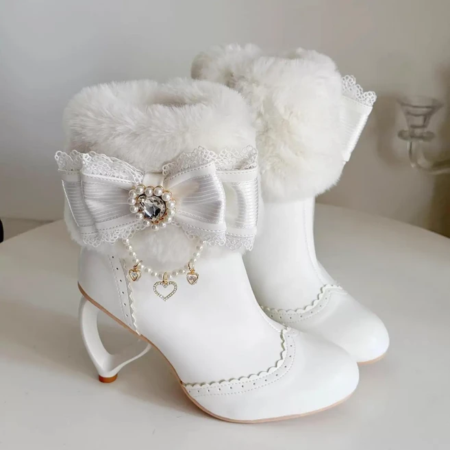 다중성 여성 가을 겨울 리본 힐 기모 따뜻한 하트 숏부츠 5cm굽 25gh11jj