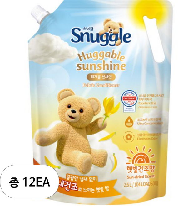 스너글 허거블 선샤인 섬유유연제 햇빛건조향 리필, 2.6L, 12개