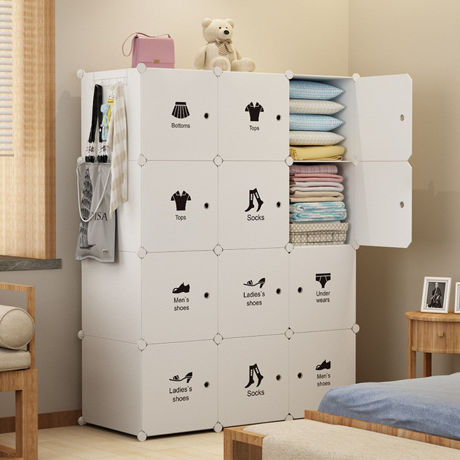 다기능 조립식 플라스틱 간이 옷장 원룸 이동식 선반형 침실용 수납 드레스룸 행거, 8칸 + 작은 칸