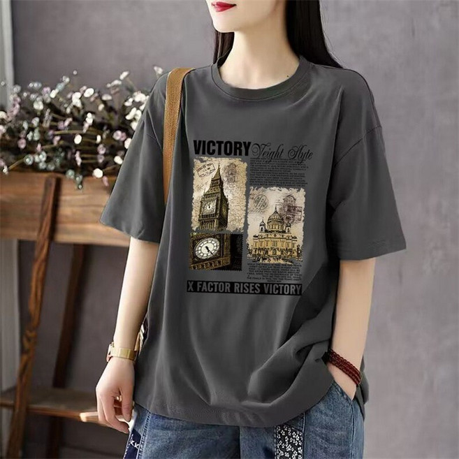 TKX 여성 베이직 빅사이즈 면 오버핏 반팔티 단체복 프린트 기본핏 캐주얼 완전 편한 여름 라운드넥 반팔 티셔츠