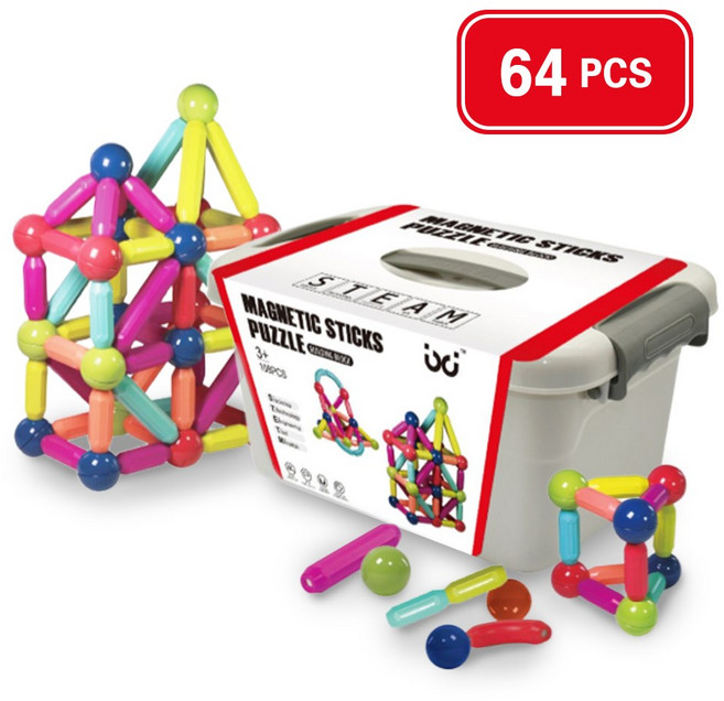 이온팩토리 3D 지니 자석블럭 어린이 자석 블록 장난감 64p + 정리함 세트, 1세트, 혼합색상