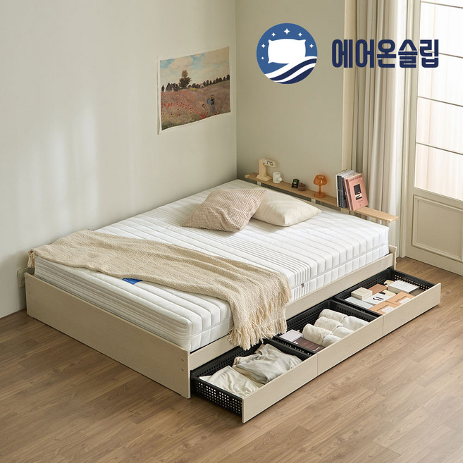 100%국내생산 친환경E0헤드선반+3서랍프레임+양면매트 레이튼침대 S SS D Q, 03_라이트오크