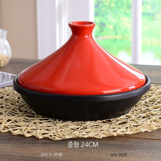 레드 E67O오렌지 냄비 찜기 세라믹 도자기 뚝배기 전골냄비 고온 내열, 1개, D_얕은 스타일 미들 사이즈 레드 24CM, 24cm