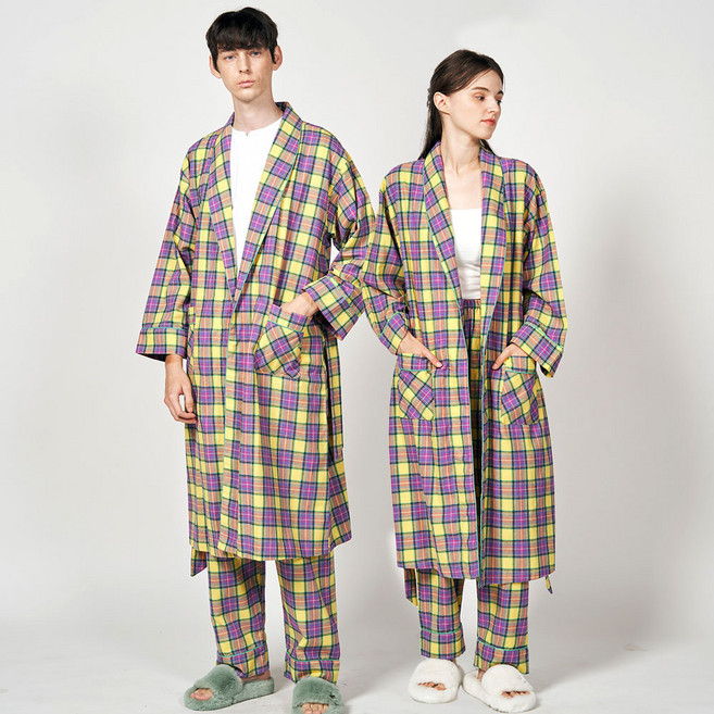 알콩단잠 커플 가운 롱 로브 면100% 선염 타탄체크 샤워 목욕 남성/여성 나이트 가운