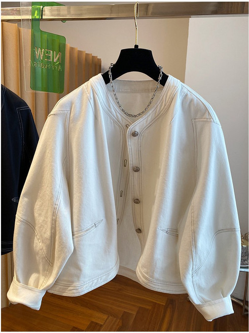 Seofst 여성 화이트 숏 와이드 데님 자켓 봄가을 노카라 캐주얼 아우터