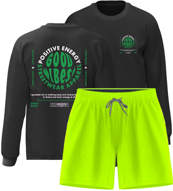 몰토벨리노 오버핏 긴팔 레쉬가드 4부 보드숏팬츠 상하세트, 남녀공용XL, 굿바이브805