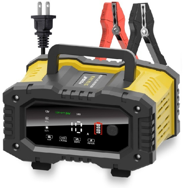 FOXSUR 汽車電瓶充電器 12V/24V通用 全彩LCD螢幕 智慧修復模式, 黃色
