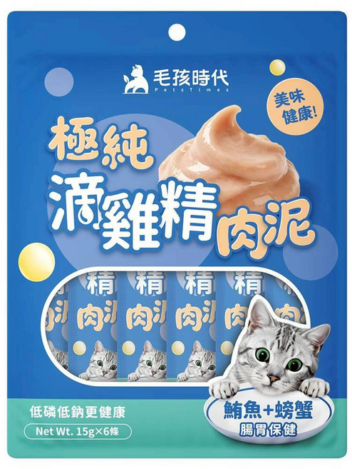 毛孩時代 極純滴雞精肉泥 鮪魚+螃蟹 15g x 6條 犬貓皆可食, 6個, 鯖魚+螃蟹