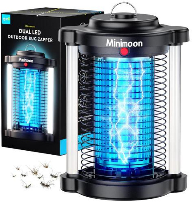 Minimoon 버그 재퍼 듀얼 LED 조명이 장착된 야외 모기 4200V 플라이 15W 전기 트랩 IPX4 곤충, 1)EU Plug 220V, 1개