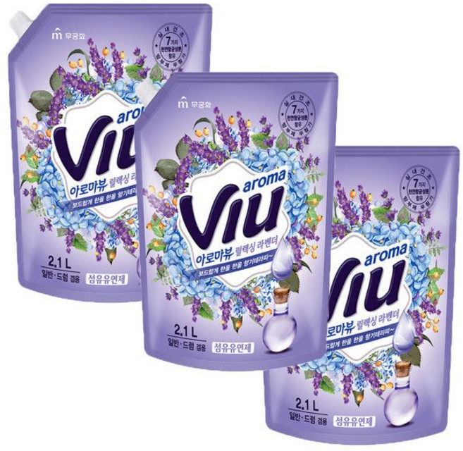 아로마뷰 섬유유연제 릴렉싱라벤더 리필 2.1L x 3개 일반드럼겸용 무궁화