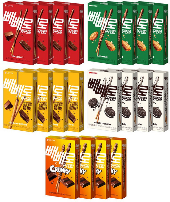 빼빼로 5종 혼합 초코 46gX4개 +아몬드 32gX4개 +초코필드 45gX4개+화이트쿠키 39gX4개+크런키 39gX4개, 1세트, 804g