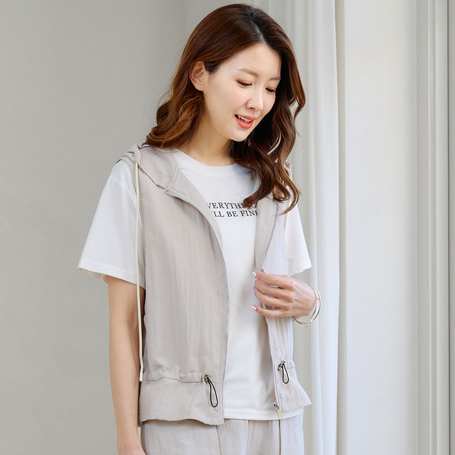 여성용 바스락 인견 여름용 후드 숏 집업 조끼 빅사이즈