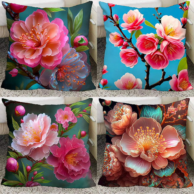 화려하게 피어나는 모란 꽃 사각베개 무늬 소파쿠션 재물운과 행운 양면 디자인 거실 침실 인테리어 소품 자가 부착 홈 데코 침실 장식 거실 장식 사무실 장식, 26, 35 x 35CM (솜포함 양면쿠션)