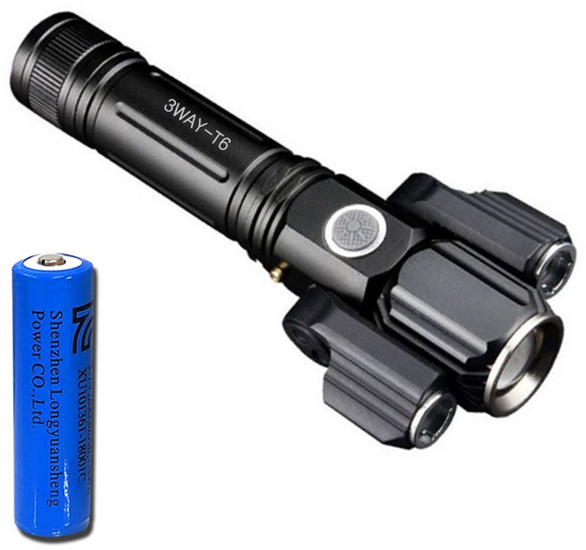 손전등 후레시 다기능 멀티 작업용 낚시용 등산 해루질 고성능 3구 줌 후레쉬 랜턴 밧데리, 3구 후레쉬 T6 + 18650 충전지, 블랙, 1개