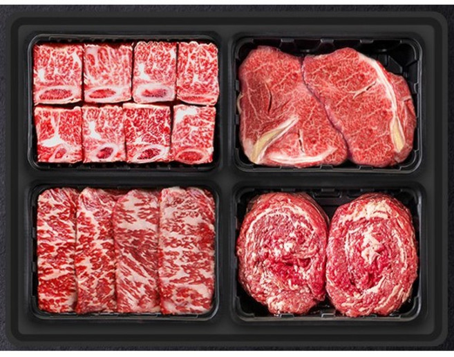 횡성한우 [쿠가] 찜갈비1팩+등심1팩+특수부위1팩+불고기1팩]총2.2kg 고급 선물포장, 1개