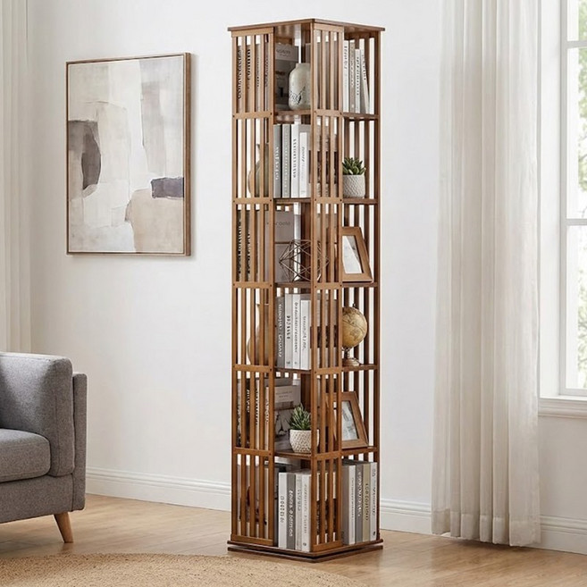 쿠리브 원목색 회전 책장 360도 대용량 거실 서재 다기능 책꽂이 수납장, 6단, 월넛