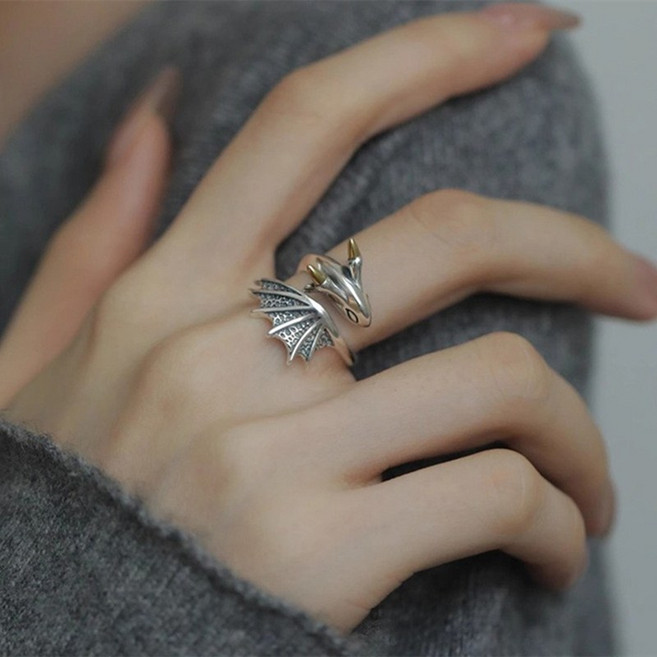 Sun_Plus 歐美復古小飛龍戒指 男士潮流個性嘻哈做舊仿泰銀開口戒