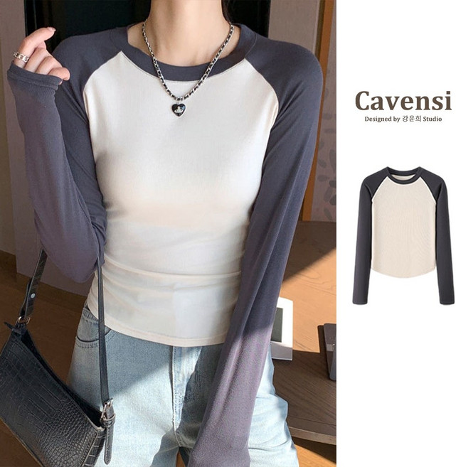 Cavensi 美式拼色棉質插肩袖長袖T恤女