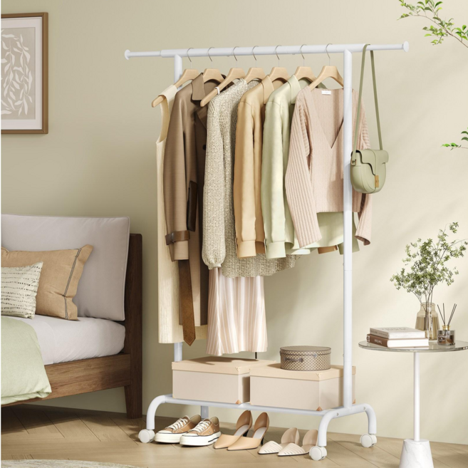 SONGMICS 튼튼한 다기능 수납 스탠드 이동식 철제 행거, 화이트