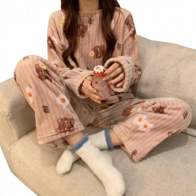 차쿠 여성 겨울 극세사 수면잠옷 세트 부드러운 극세사 수면 겨울 잠옷