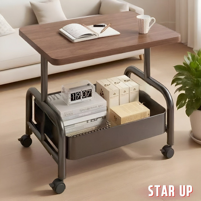 STAR UP 원목 사이드 테이블 이동식 2단 선반 트롤리, 블랙