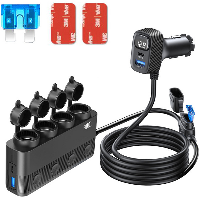 아림 차량용 스위치 4구 멀티 시거잭 소켓 초고속충전 120W 200W 4포트 볼트게이지 전압, 블랙, AL75-T