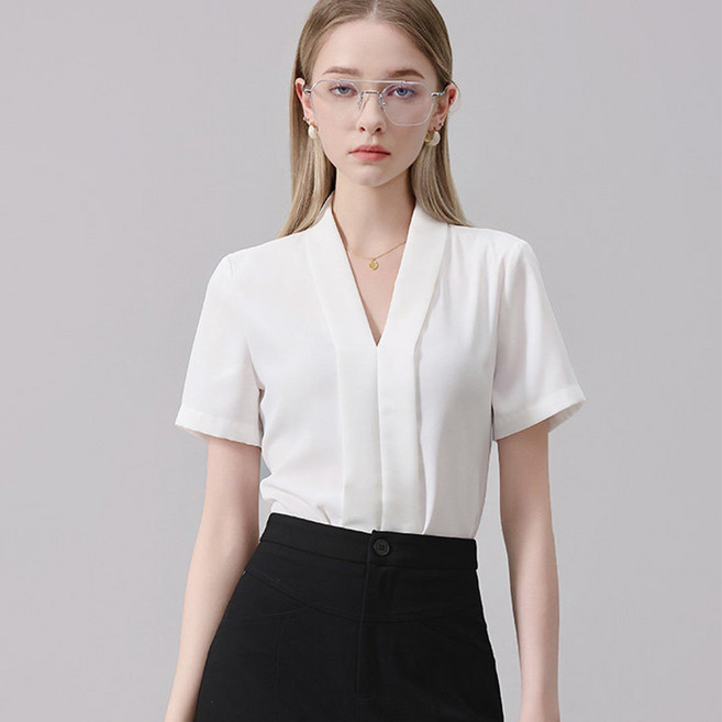 POMTOR 여름 여성 블라우스 브이넥 긴팔 단색 셔츠