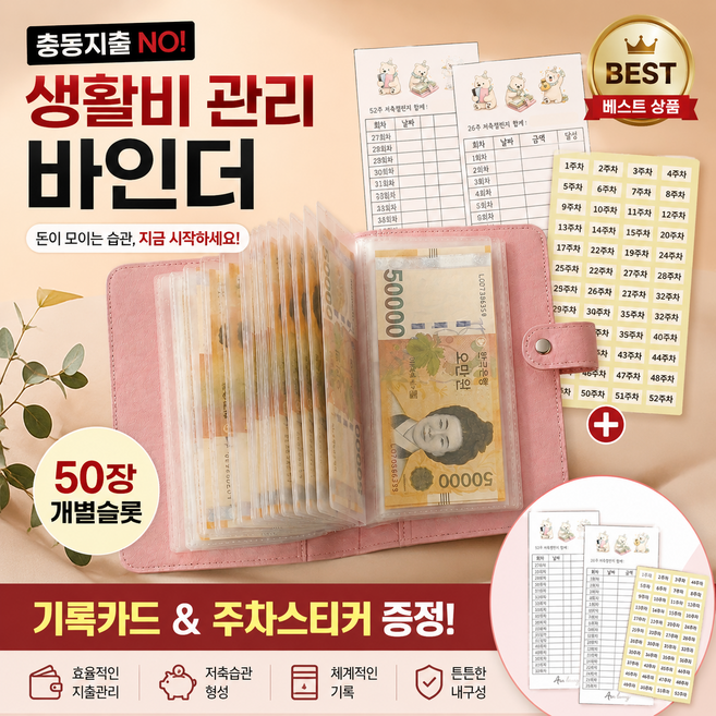 아라리빙 현금 바인더 지폐 수납 저축 다이어리 52주 챌린지, 1개, 핑크