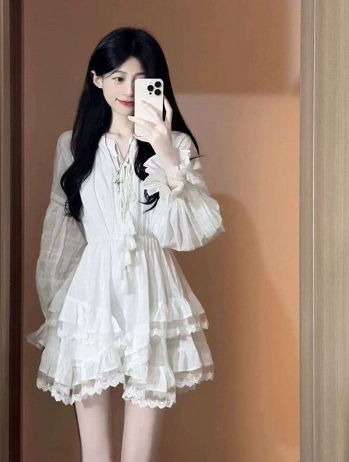 【收腰顯瘦】連衣裙 小白裙 蛋糕裙 長袖連衣裙 仙女裙 蓬蓬裙 春秋季氣質甜美 白色超仙 約會通勤必備, 白色*303