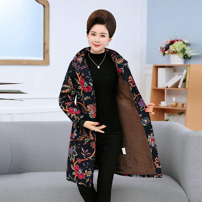 【DF】가을 겨울 면화 린넨 코튼 패딩 코트 중년 및 노인 후드 중간 길이 양털 안감 코튼 패딩 옷 엄마 플러스 사이즈 코튼 패딩 코트