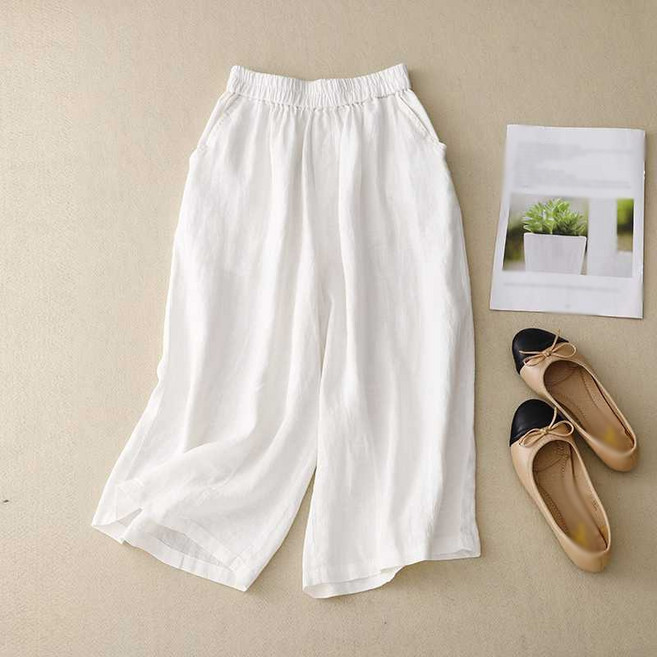 AOKADA 여성 린넨 와이드 팬츠 밴딩 하이웨스트 7부 일자 바지