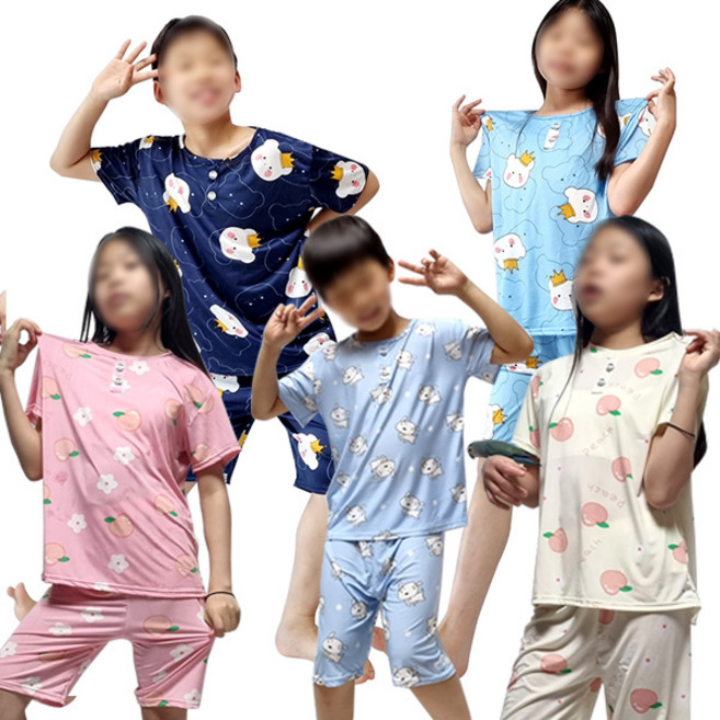 아동잠옷 세트 95사이즈 입고 쿨 냉감 반팔 잠옷 상하세트 키즈 홈웨어 파자마 상하복 신축성 스판 유아 여름 스판잠옷 반팔 반바지 캐릭터 시원한원단