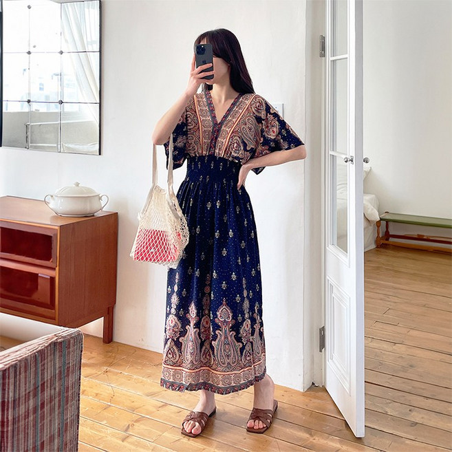 마쿠쿠 브이넥 보헤미안 히피 에스닉 반팔 여성 쉬폰 롱 원피스 휴양지 바캉스
