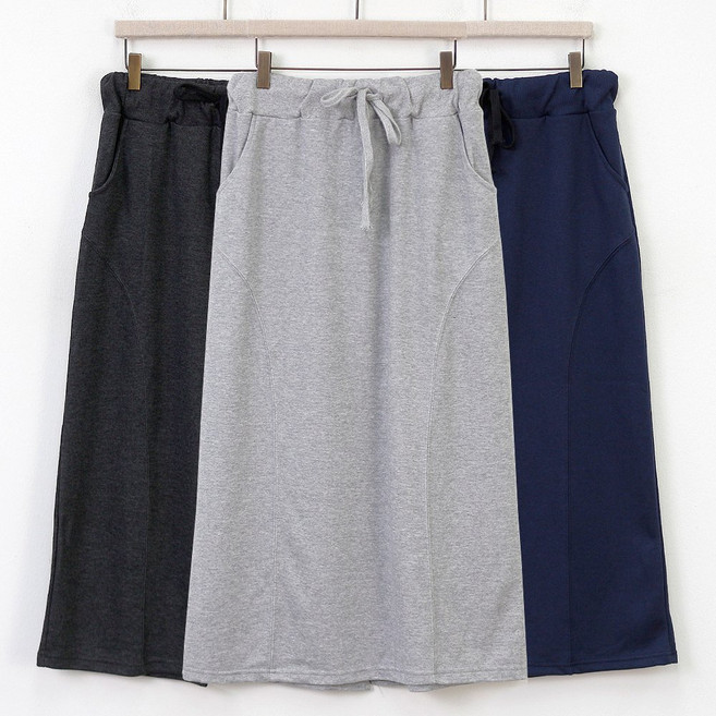 아이우먼 빅사이즈 롱 스커트 허리 밴딩끈 양포켓 절개라인 트레이닝 H라인 치마 30~38 인치 여성큰옷