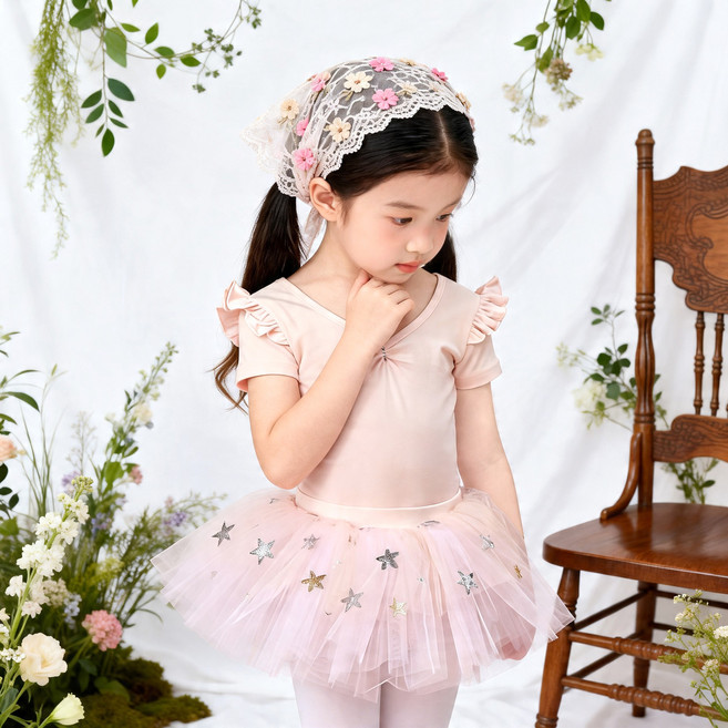 어린이 무용복 세트 소녀 분리형 별 반짝이 스커트 뒤 리본끝 퐁퐁소매 발레복