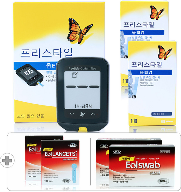 프리스타일 옵티엄 네오 당뇨 검사 혈당측정기 측험지 세트[혈당계+시험지 200매+침 200개+솜 200매], 1개
