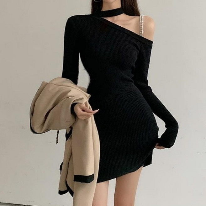 아이엠몽 여성 오프숄더 니트 슬림 미니 원피스