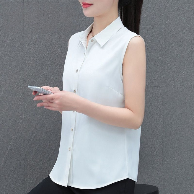 Makone 여성 셔츠카라 솔리드 민소매 쉬폰 블라우스 상의 코디네이터 오피스룩 정장 셔츠