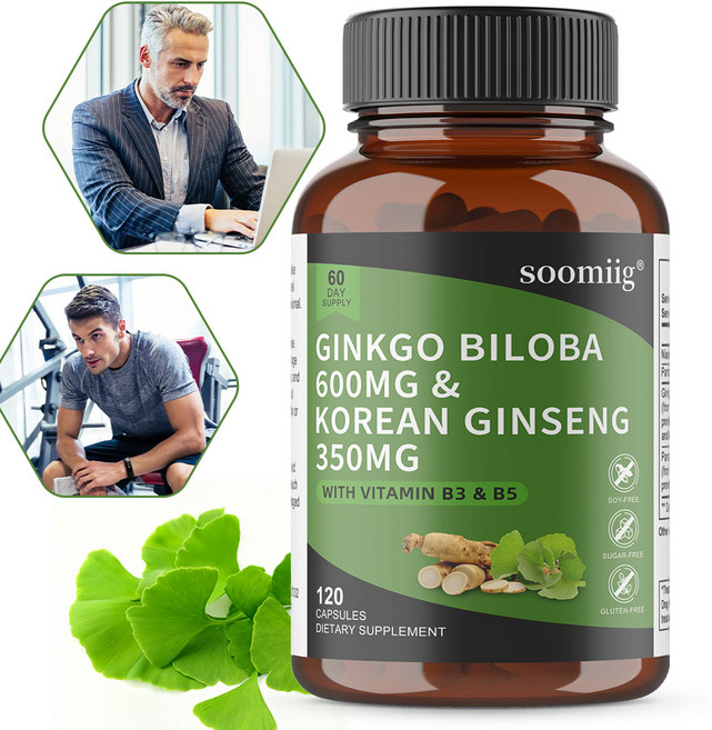 은행잎과 고려삼 보충제 - 은행잎 허브 보충제 600mg과 고농도 인삼 추출물 350mg - 비타민 B3와 B5 함유, 3개, 120회분
