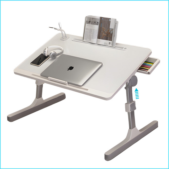 업그레이드버전 접이식 침대 테이블 좌석테이블 노트북책상 침실테이블 거실테이블 높이조절 각도조절 +USB 포트+보관 서랍+ 램프 및 팬, 업그레이드버전-화이트