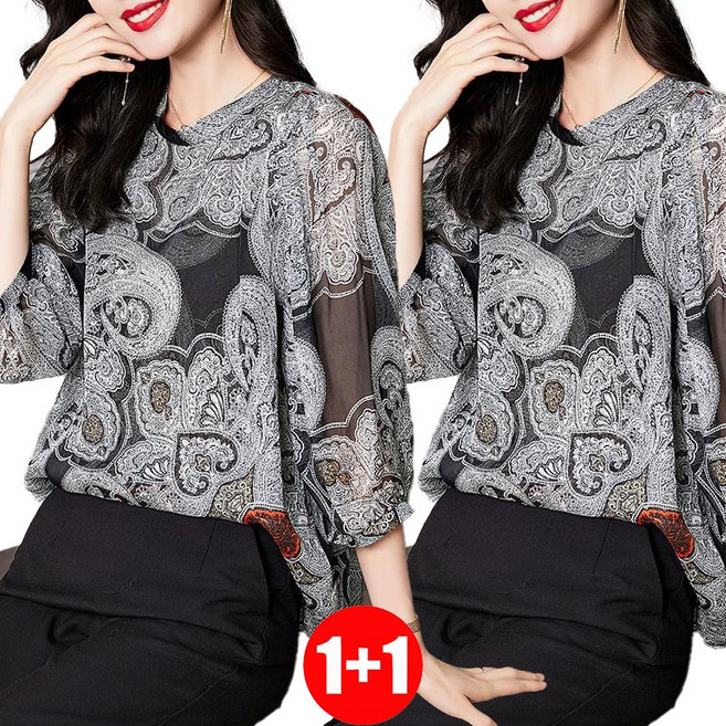 IWMAFT 2종 세트 여성 여름 쉬폰 티셔츠 루즈핏 7부소매 추상 프린트 체형커버 우아한 스타일 HY728