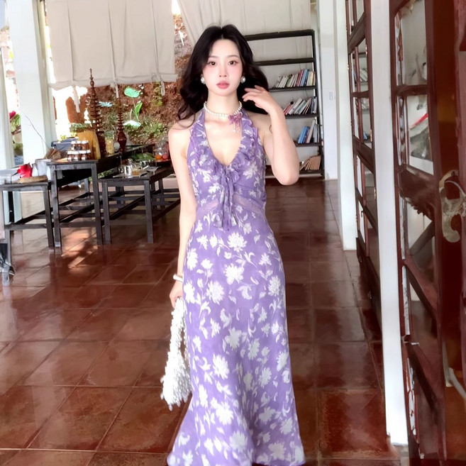 紫色碎花荷葉邊V領連衣裙 海邊度假風長裙, 1個, 紫色L 建議100-115斤左右