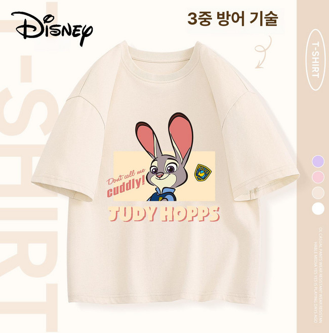 주토피아 티셔츠 반팔 맨투맨 초등학생 남아 여아 어린이 오버핏 면 라운드 봄 여름, 1개, 베이지화이트 코미 주디