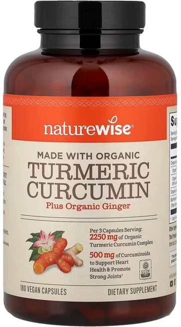 [해외] [NatureWise Curcumin Turmeric 2250mg] 네이처 와이즈 커큐민 강황 2250mg 식물성캡슐 180정, 1개 - 쿠팡